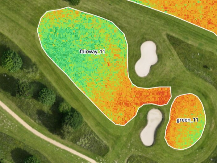 Multispectral drone vegetation-index overlay of the same fairway and green, resolving fine, cell-level detail