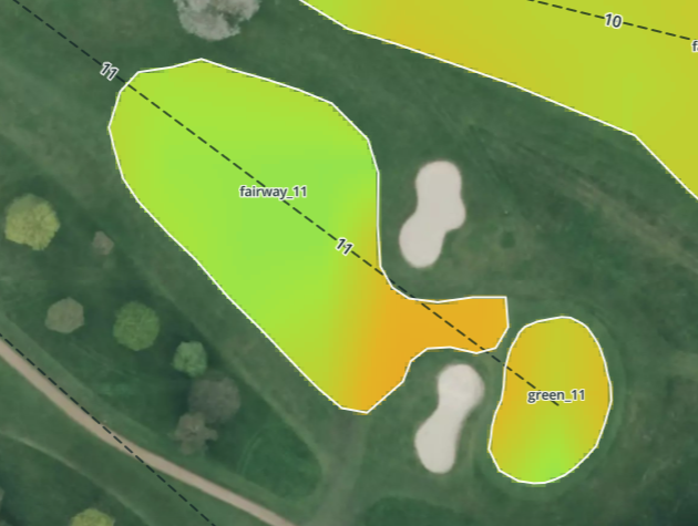Satellite vegetation-index overlay of a golf course fairway and green at Schloss Moyland, shown as a smooth surface interpolated from coarse-resolution data